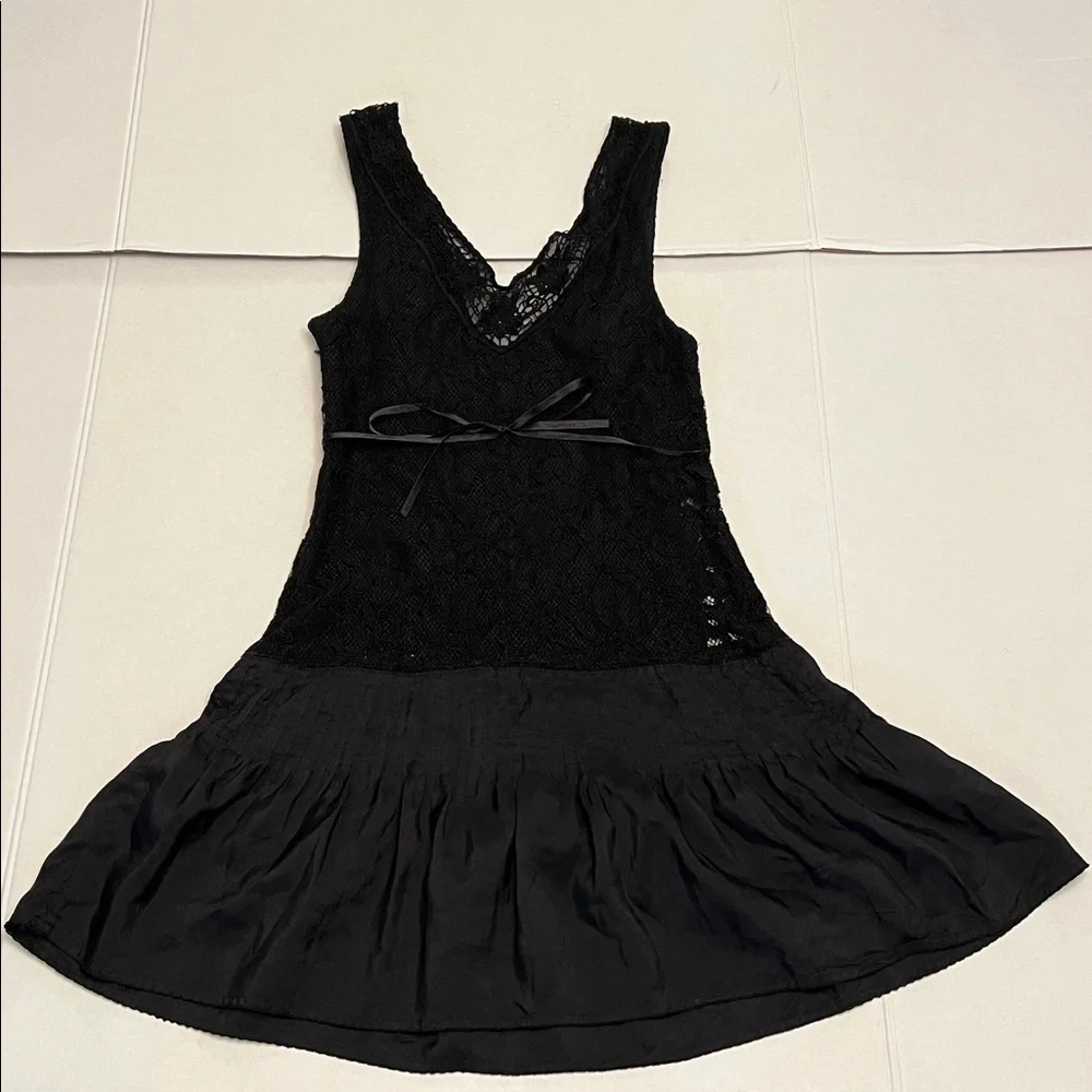 Y2K FREE PEOPLE VINTAGE LACE SILK WHIMSYGOTH BOHO FLOWY MINI DRESS BLACK SIZE 2